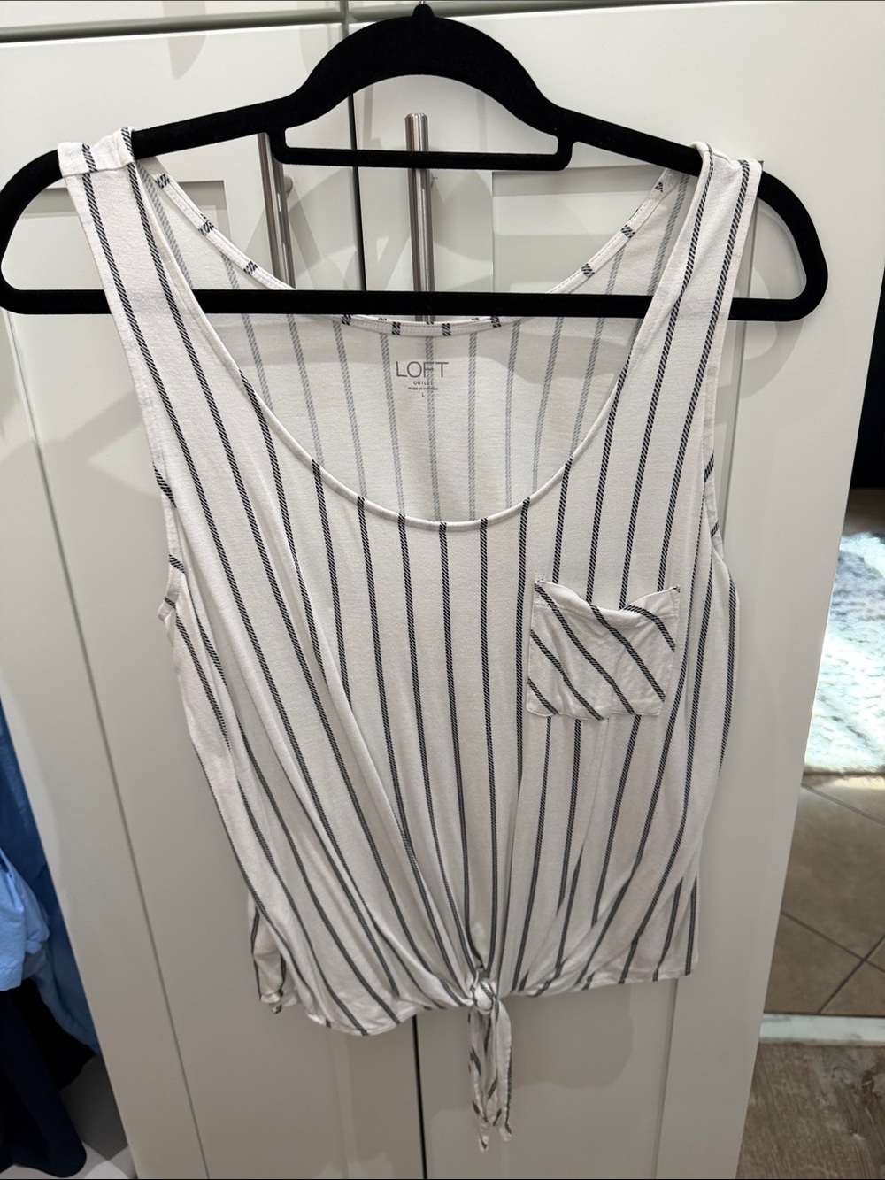 LOFT White Tank Top with Black Vertical Stripes and Front Tie